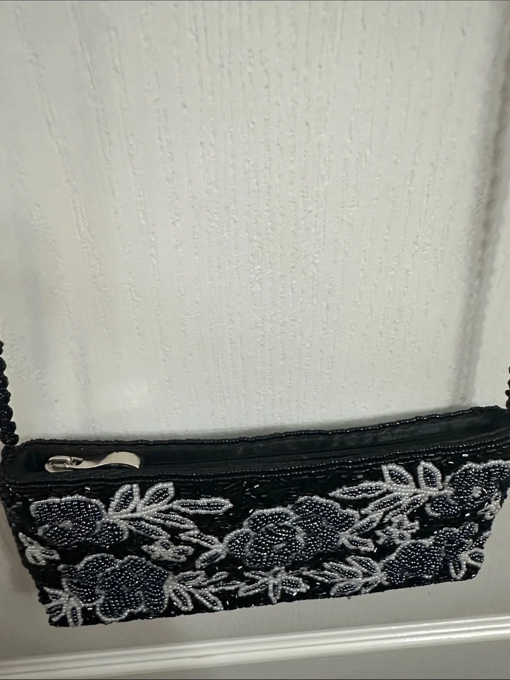 Vintage Black Clutch with White Floral Beading
